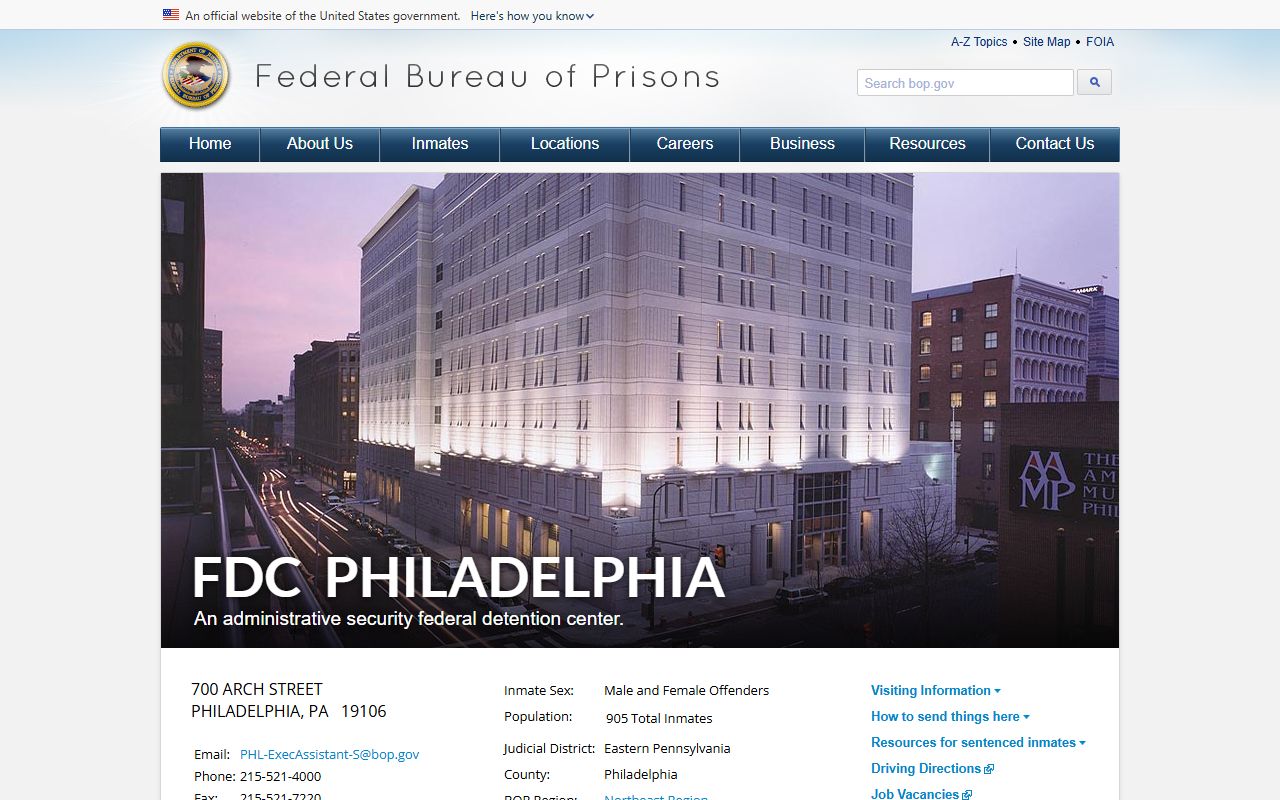 Federal Detention Center Philadelphia inmate facility page