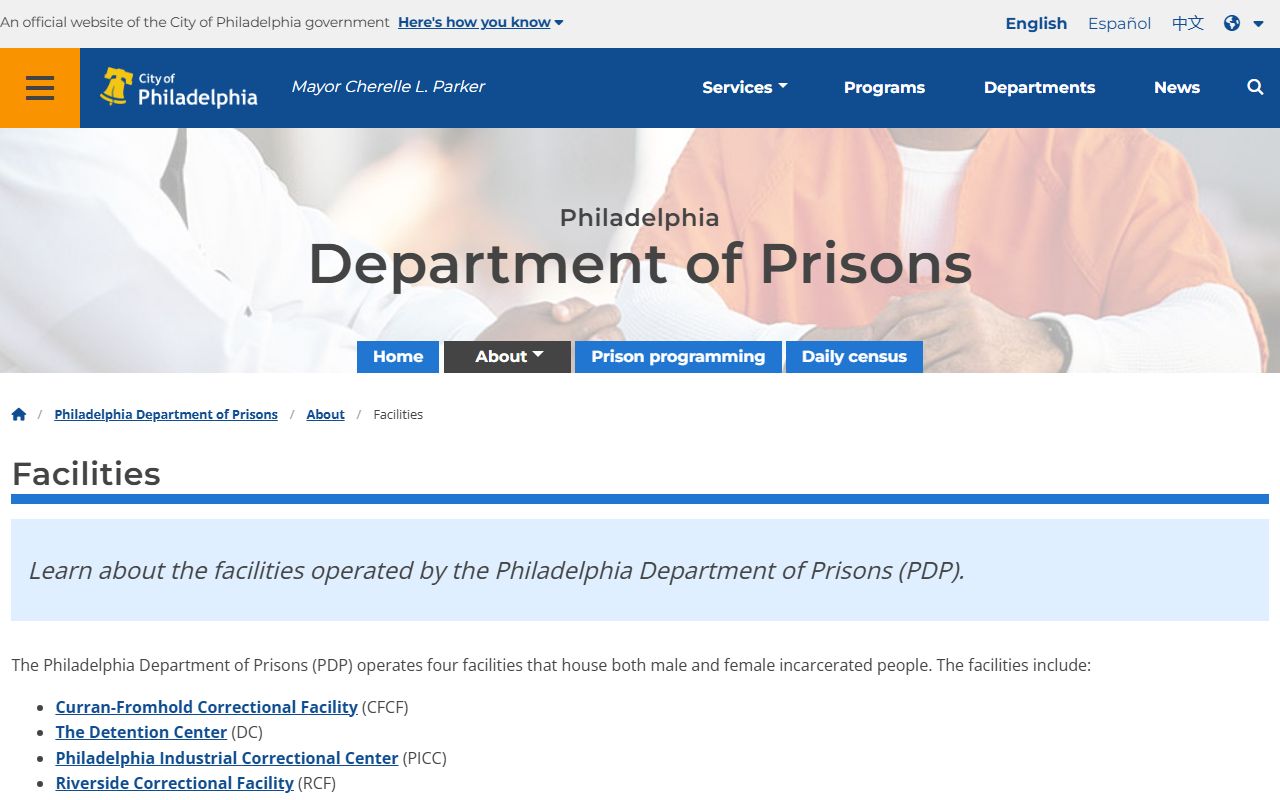 Philadelphia County inmate population PDP facilities page