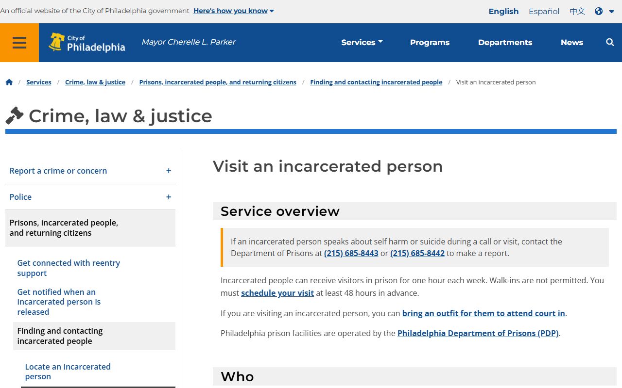 Philadelphia County inmate visitation schedule table for PDP facilities