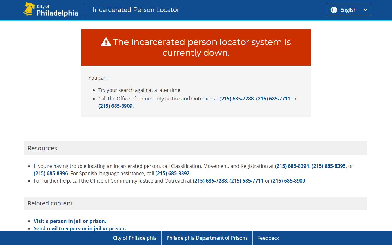 Philadelphia County inmate population locator search screen