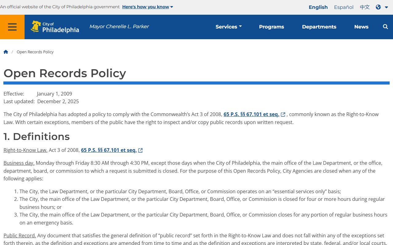 Philadelphia County booking photo request City open records policy